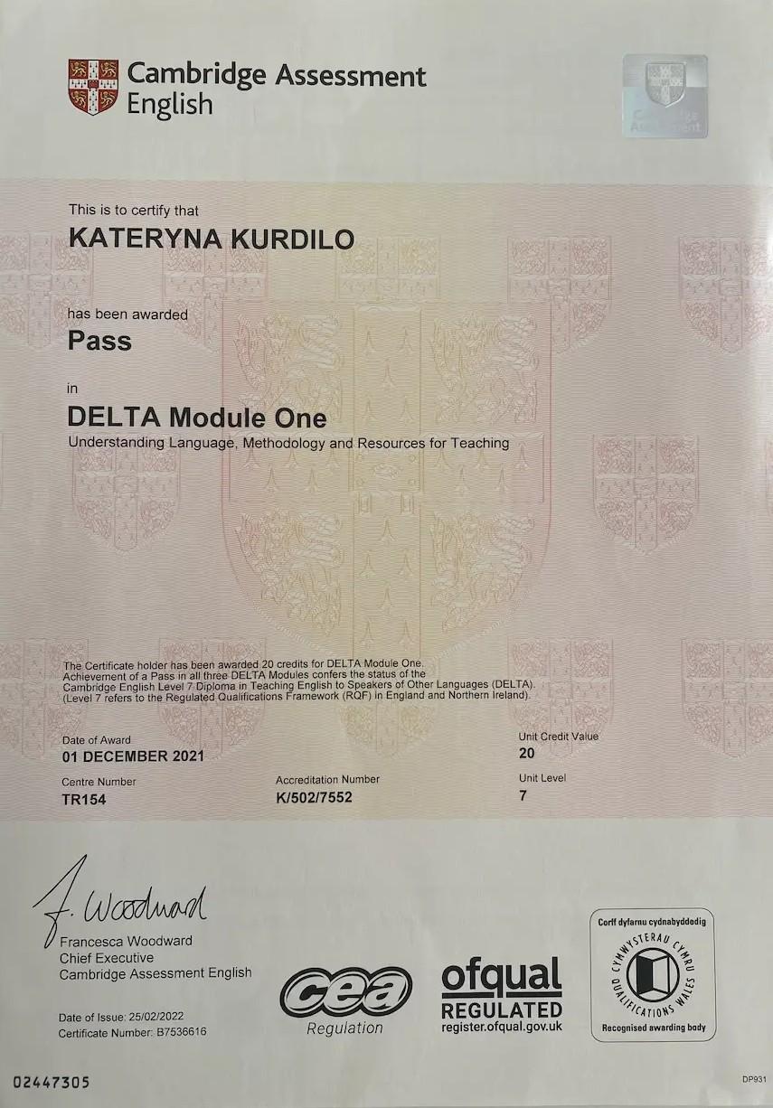 DELTA Module 1 certificate